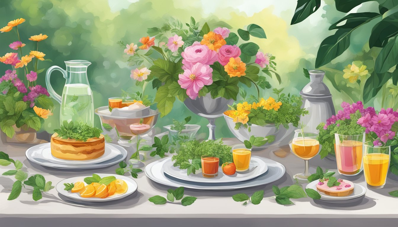 A table set with various beverages and herb-infused dishes, surrounded by lush greenery and colorful flowers