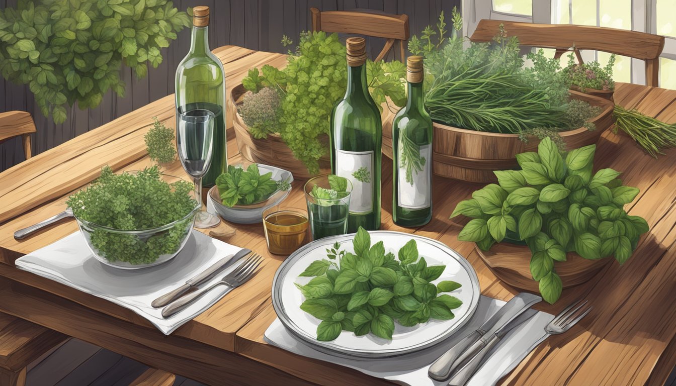 A rustic wooden table set with a variety of fresh herbs, bottles of wine, and a selection of herbaceous dishes