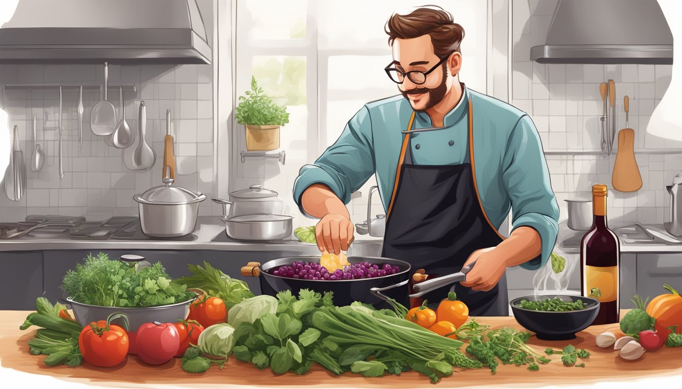 A chef pouring a bold red wine into a sizzling pan of fresh herbs and vegetables