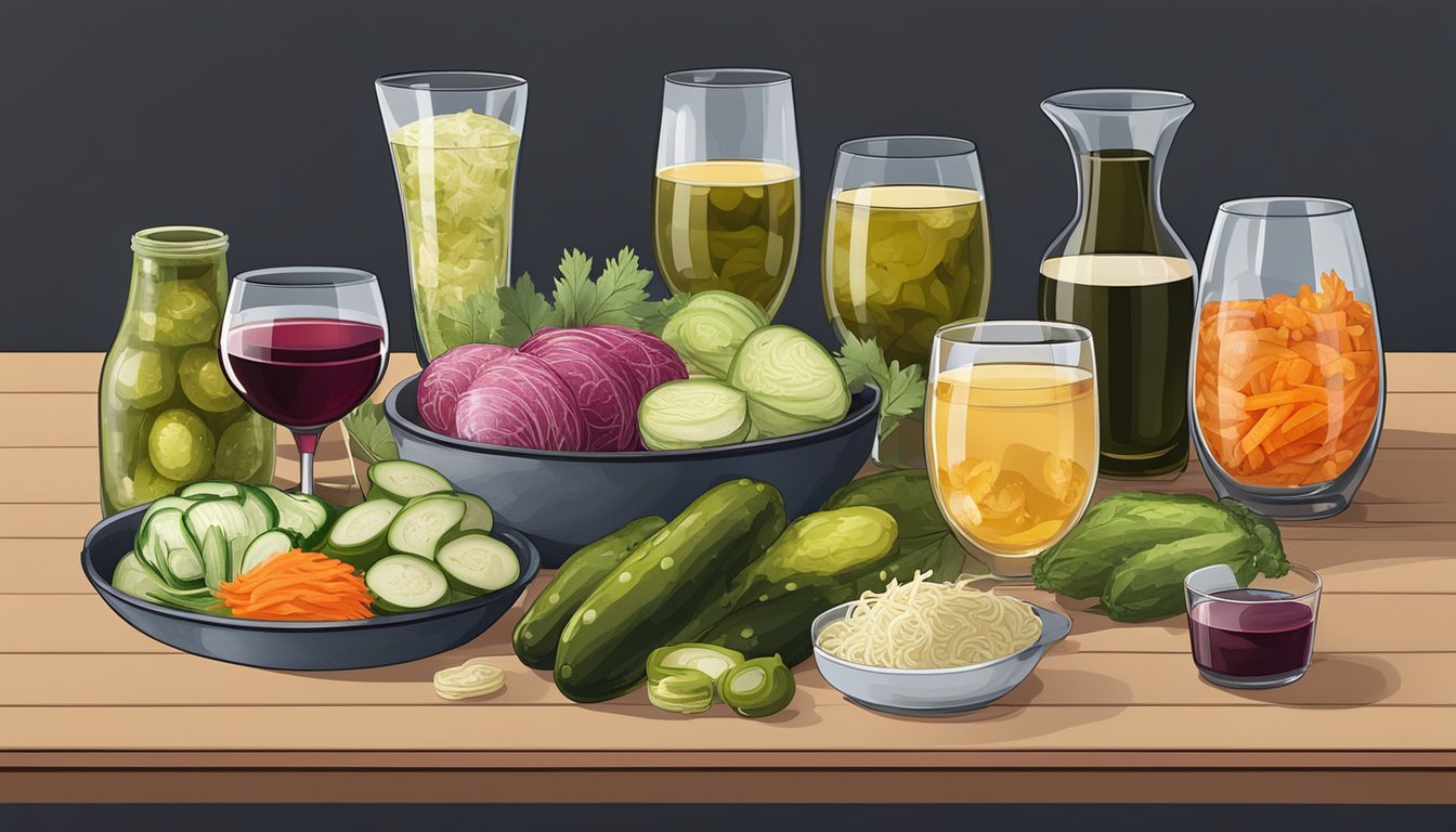 A table set with a variety of fermented foods, such as pickles, sauerkraut, and kimchi, alongside different types of wine in elegant glasses