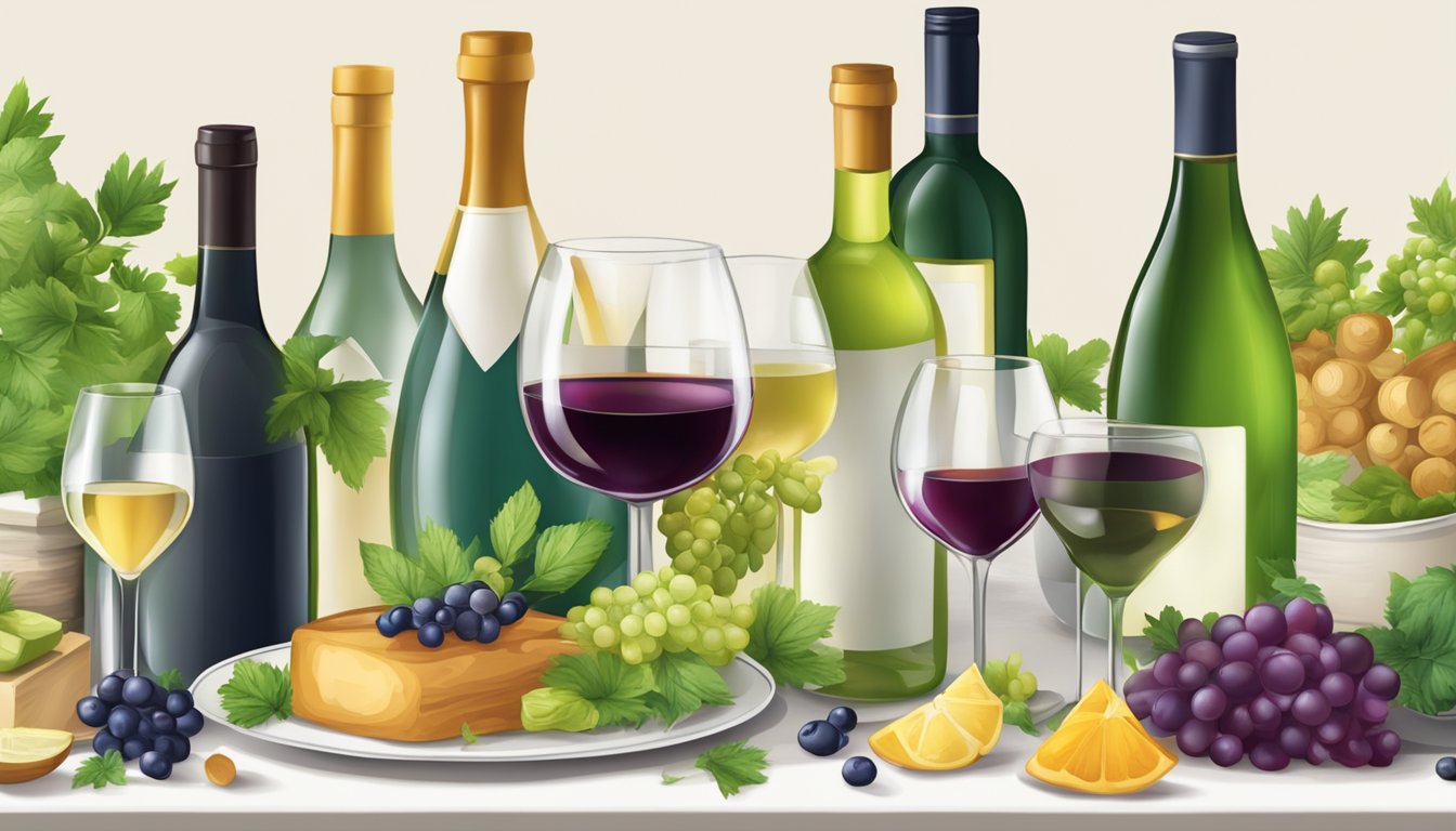 A table set with a variety of herbaceous dishes, surrounded by bottles of wine and wine glasses