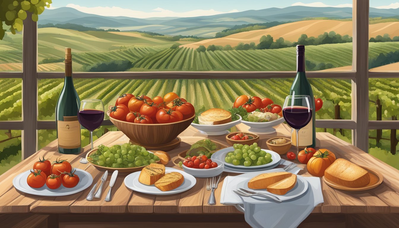 A rustic table set with a variety of tomato dishes and corresponding regional wine pairings, surrounded by vineyards and rolling hills