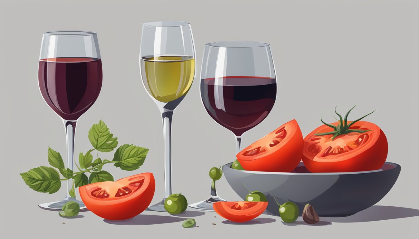 A ripe tomato sliced open, exposing its juicy flesh and seeds, placed next to a glass of red wine