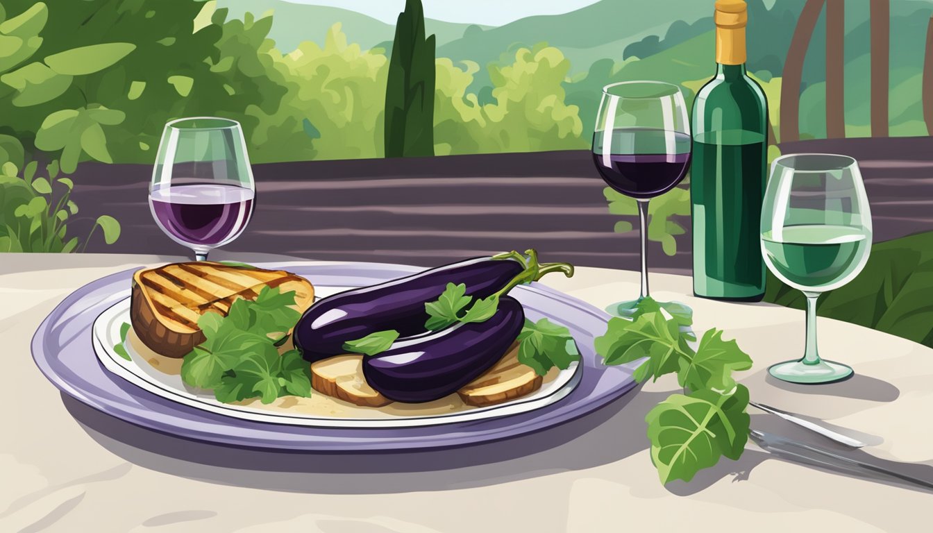 A table set with a grilled eggplant dish next to a bottle of red wine and a glass, with a lush green garden in the background