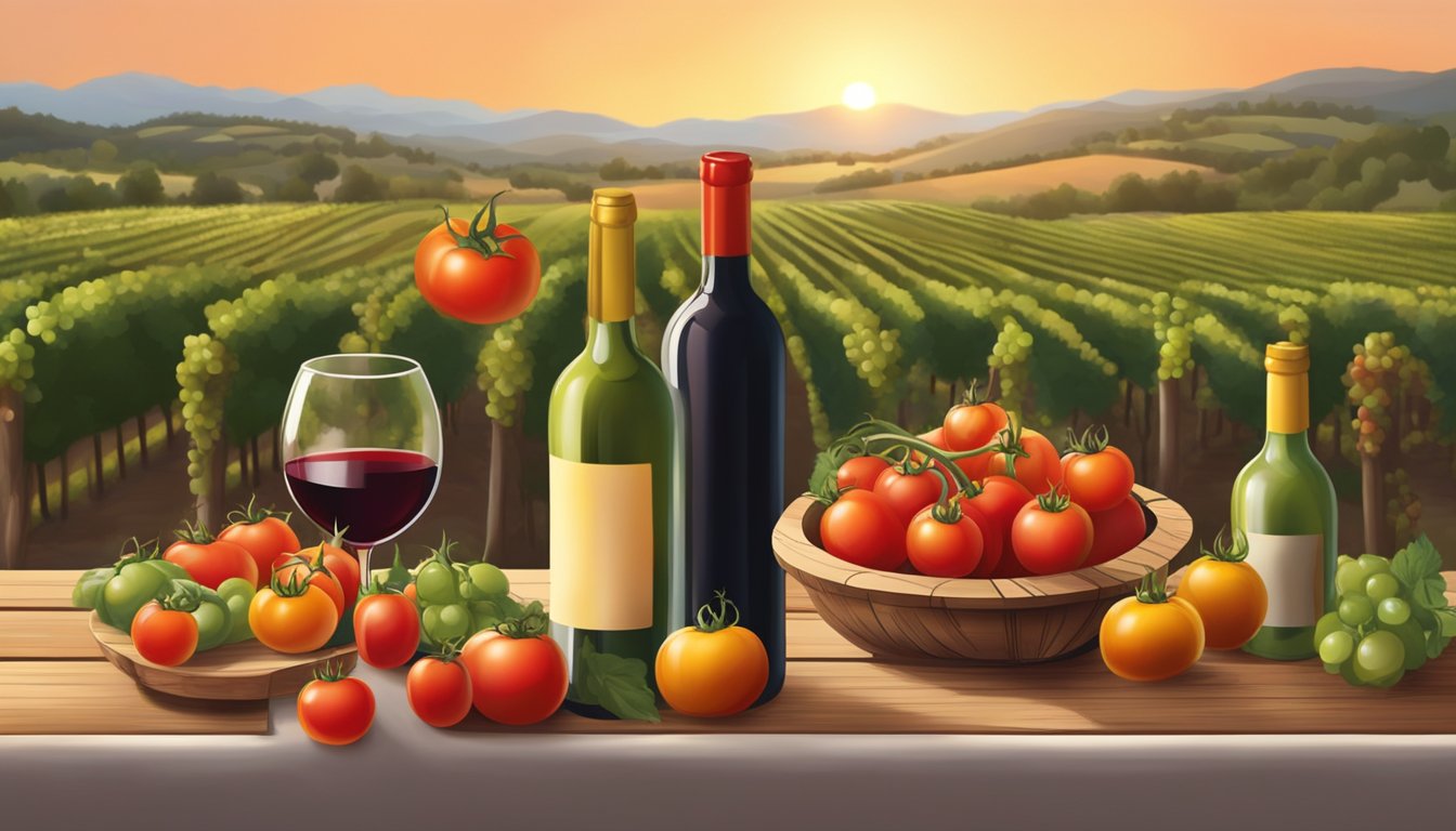 A rustic table set with a variety of tomatoes and wine bottles, surrounded by vineyards and a sunset