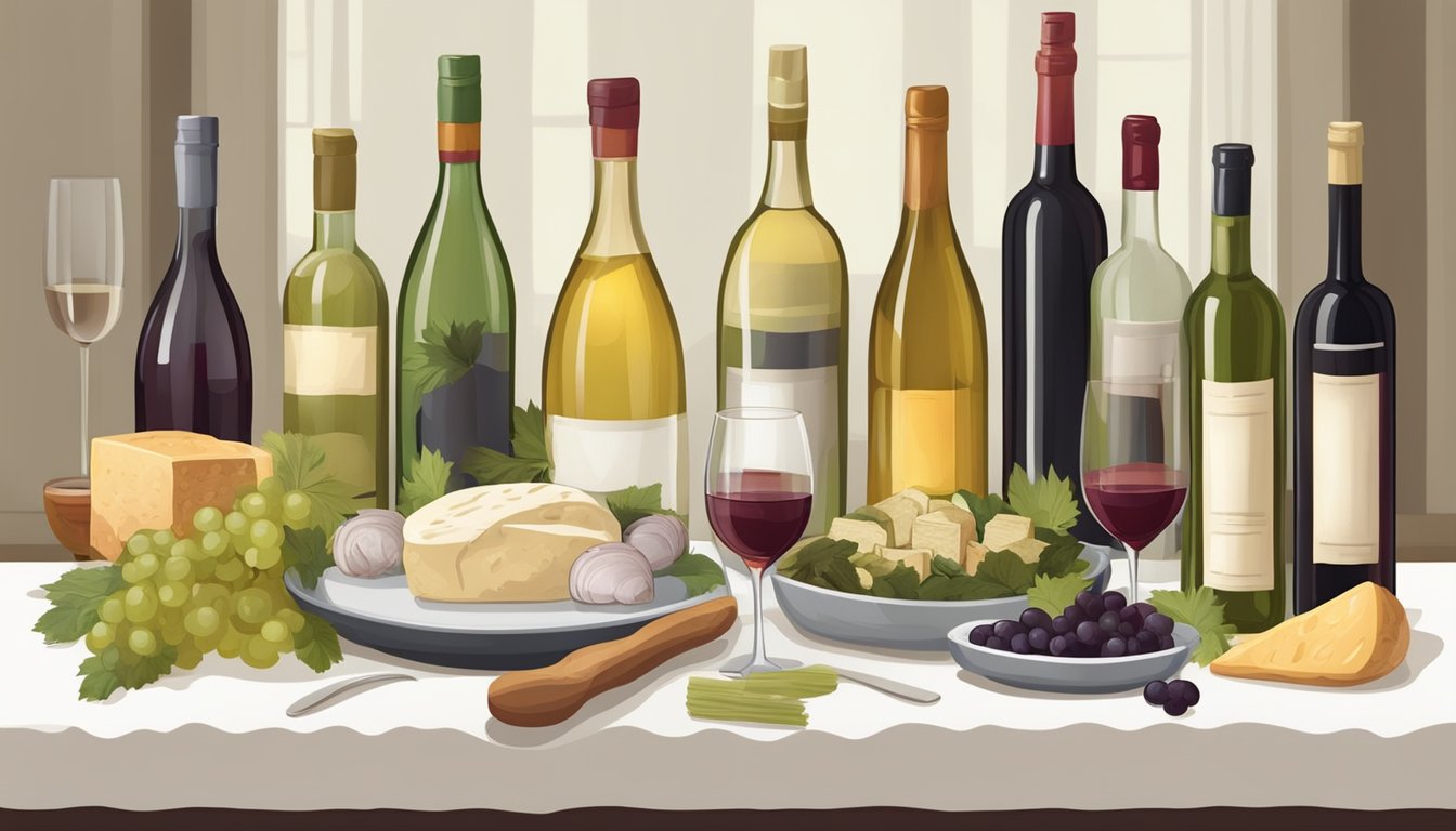 A table set with various fermented foods and different types of wine bottles for pairing