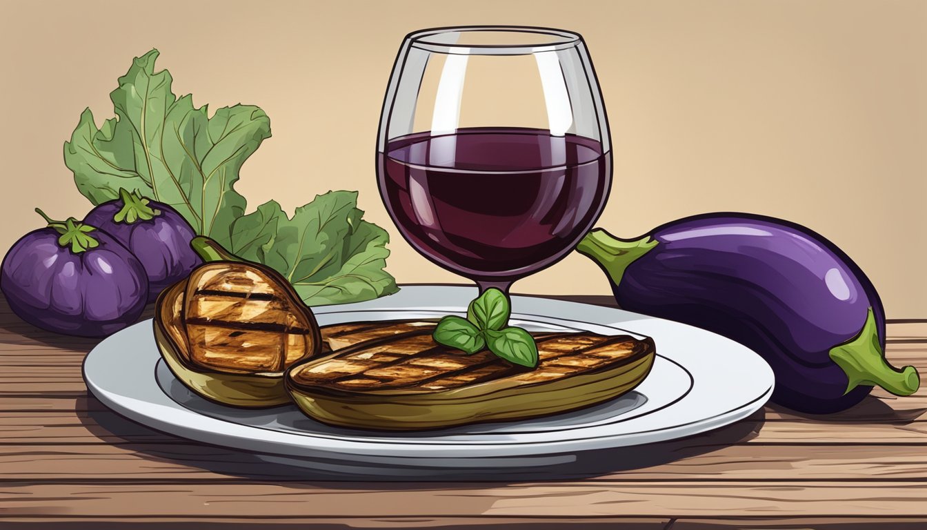 A glass of red wine beside a plate of grilled eggplant on a rustic wooden table