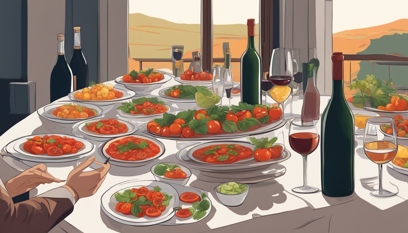 A table set with a variety of cooked and raw tomato dishes, surrounded by different bottles of wine, with a sommelier pondering the best pairings