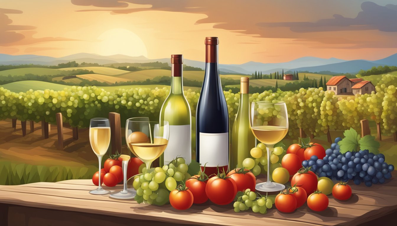 A rustic wooden table set with a variety of ripe tomatoes and bottles of red and white wine, surrounded by vineyard scenery