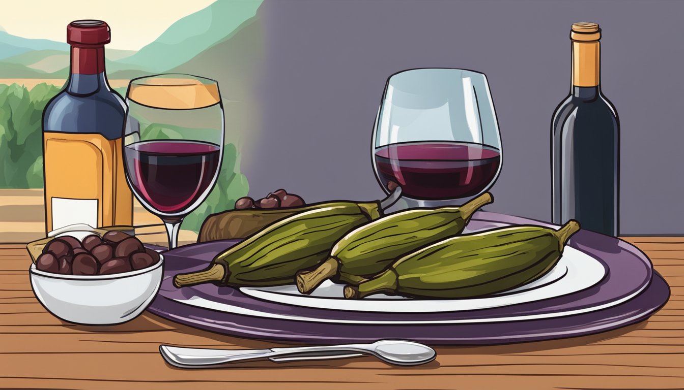 A bottle of red wine next to a plate of grilled eggplant on a wooden table