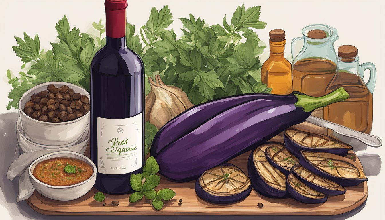 A bottle of red wine sits beside a platter of grilled eggplant, surrounded by fresh herbs and spices