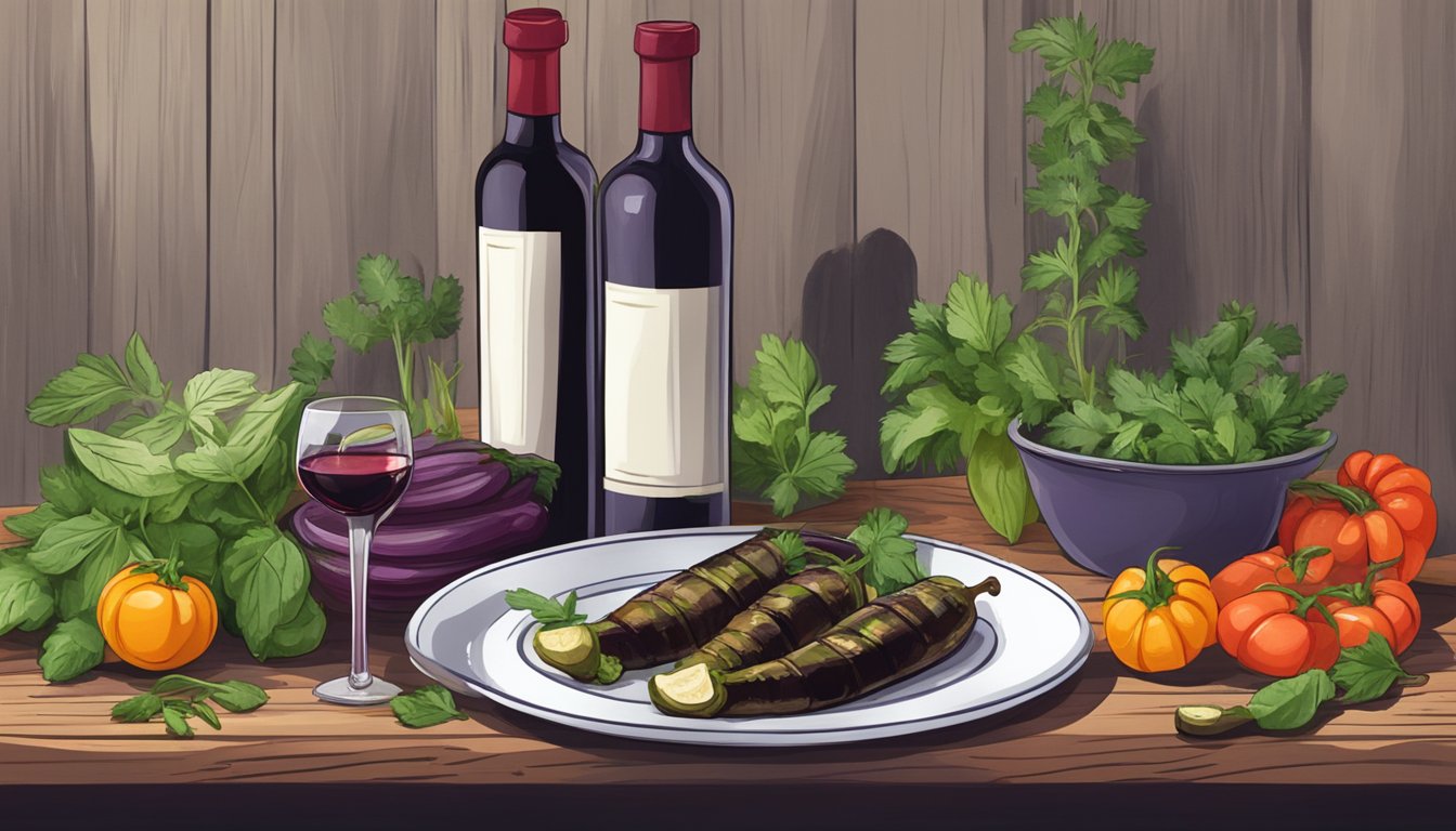 A bottle of red wine sits next to a plate of grilled eggplant, surrounded by fresh herbs and vegetables on a rustic wooden table