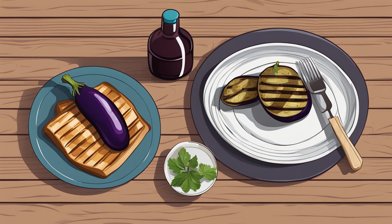 A bottle of red wine next to a plate of grilled eggplant on a wooden table