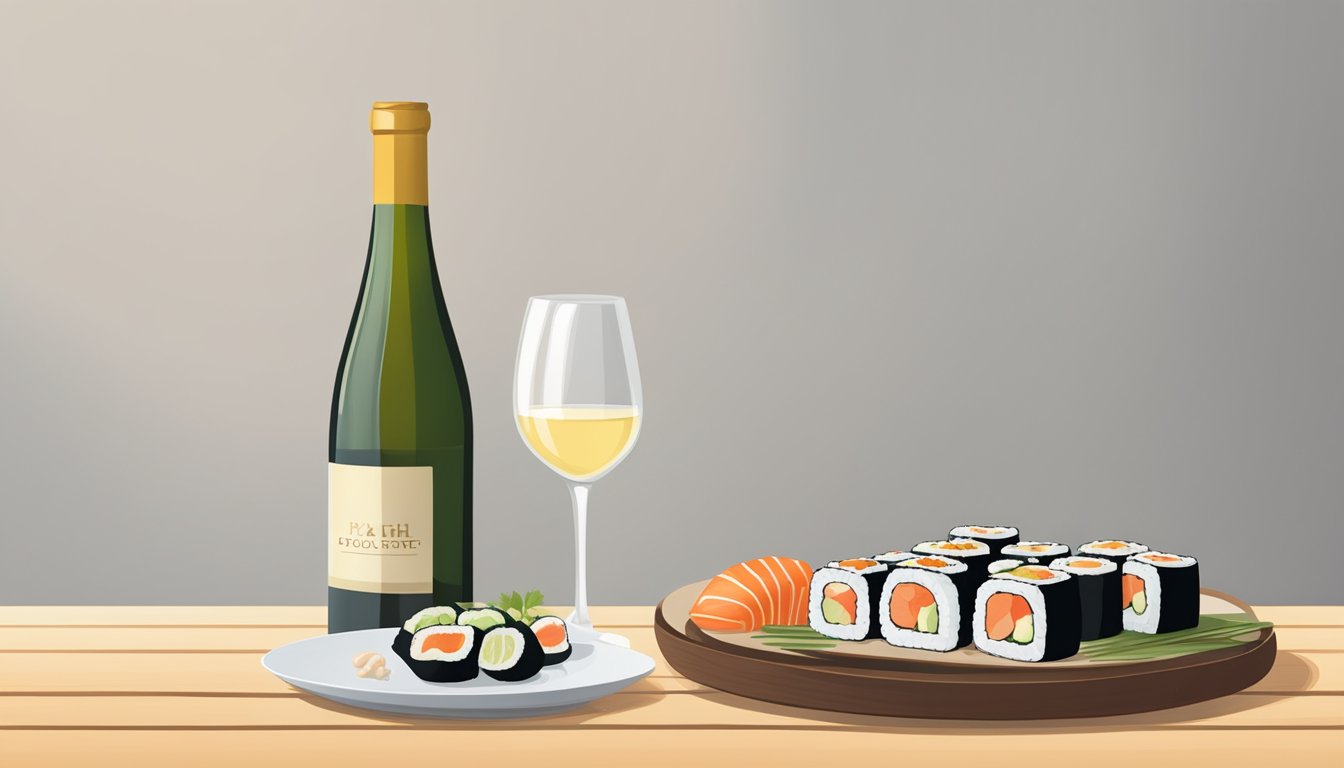 A bottle of white wine next to a plate of raw fish and sushi rolls on a wooden table