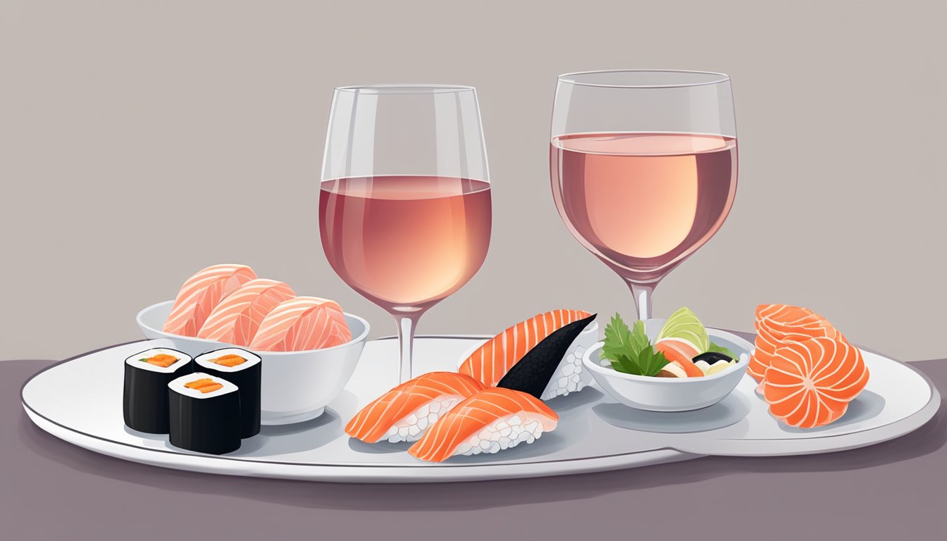 A glass of rosé or light red wine next to a plate of fresh raw fish and sushi