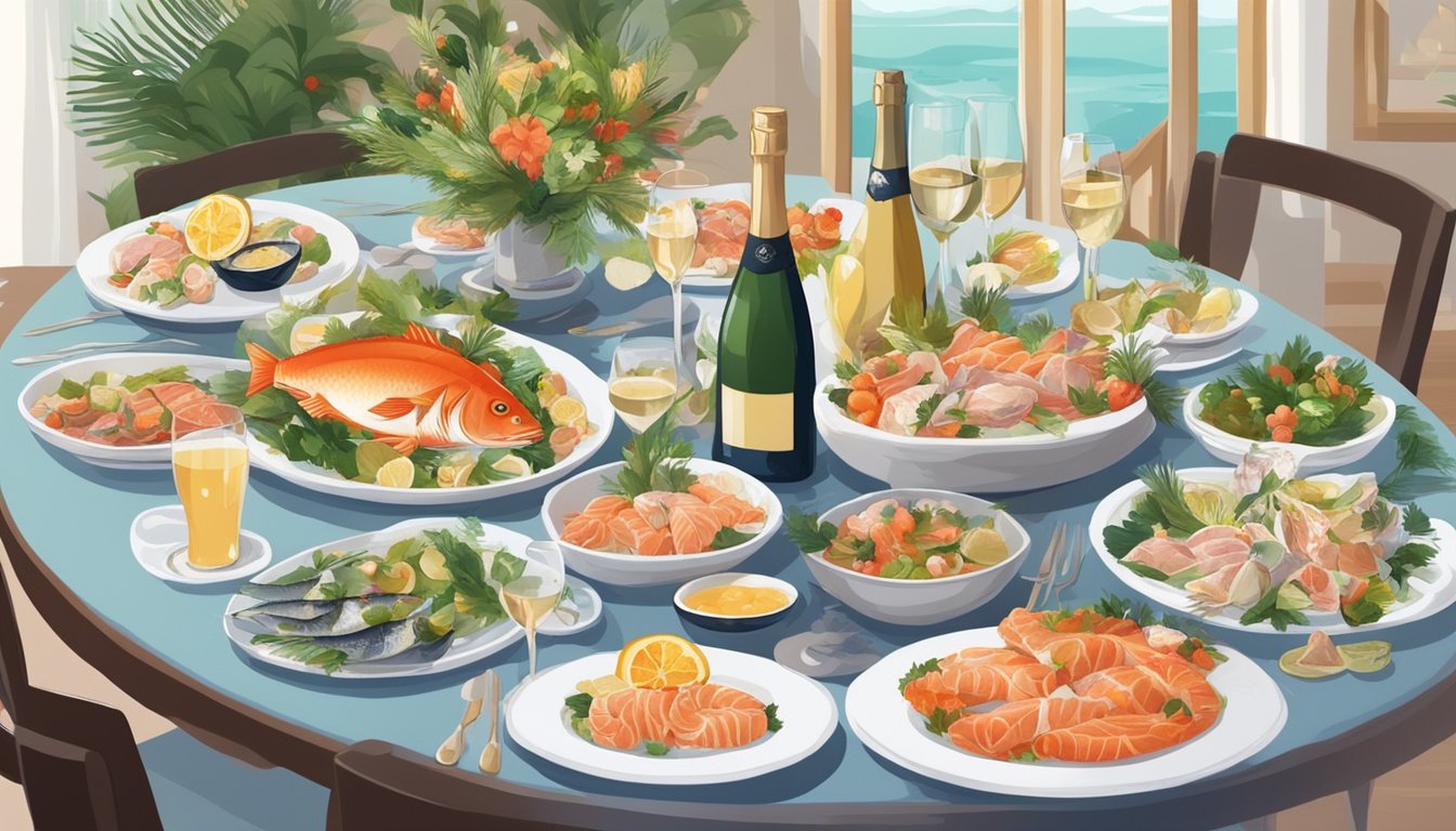 A table set with a variety of raw fish dishes and sparkling wines, surrounded by festive decorations and happy guests