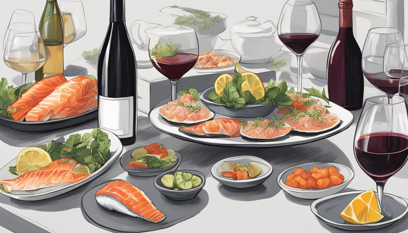 A platter of raw fish dishes paired with a bold red wine