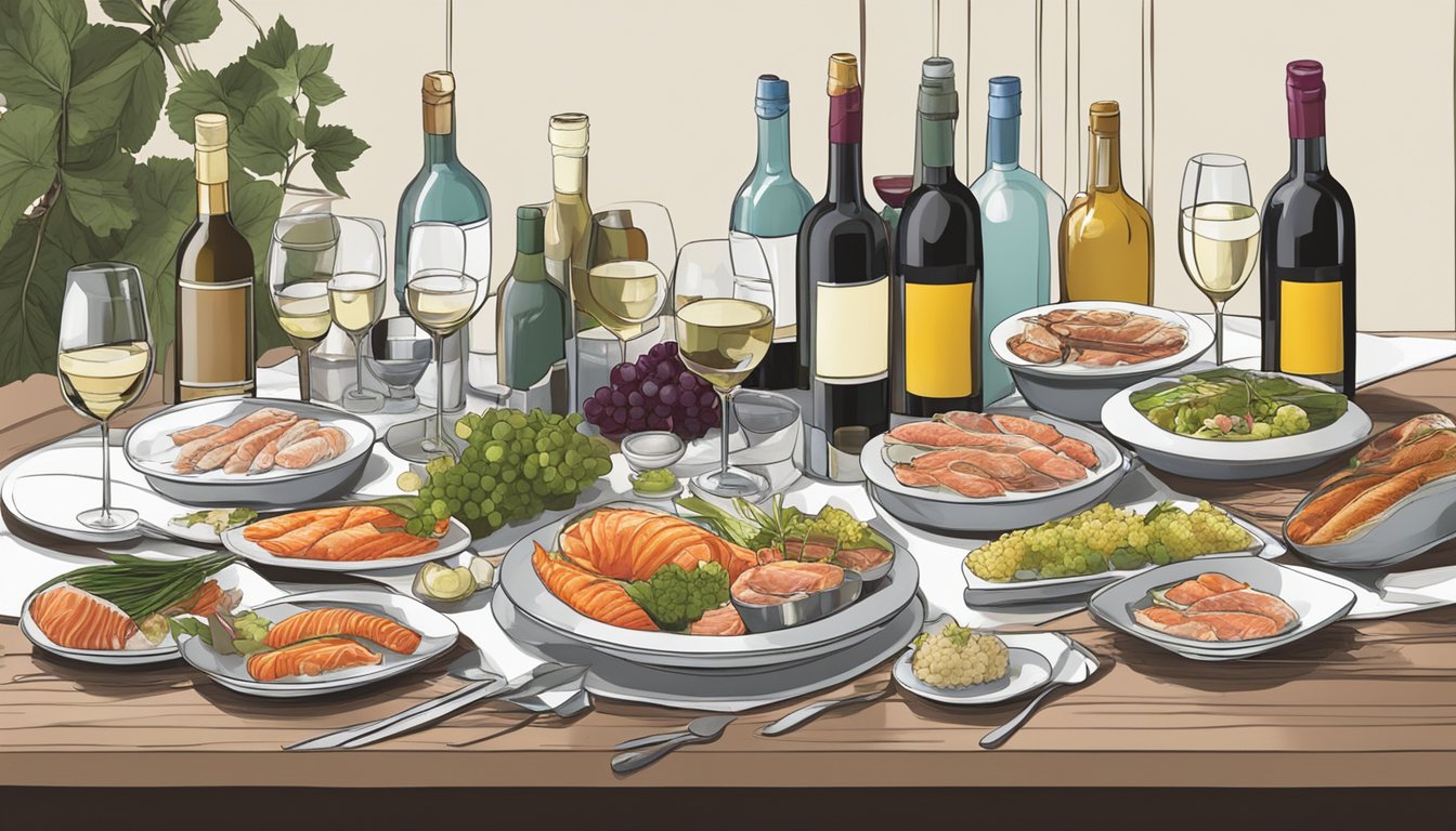 A table set with a variety of raw fish dishes and different types of wine bottles, with wine glasses ready to be filled