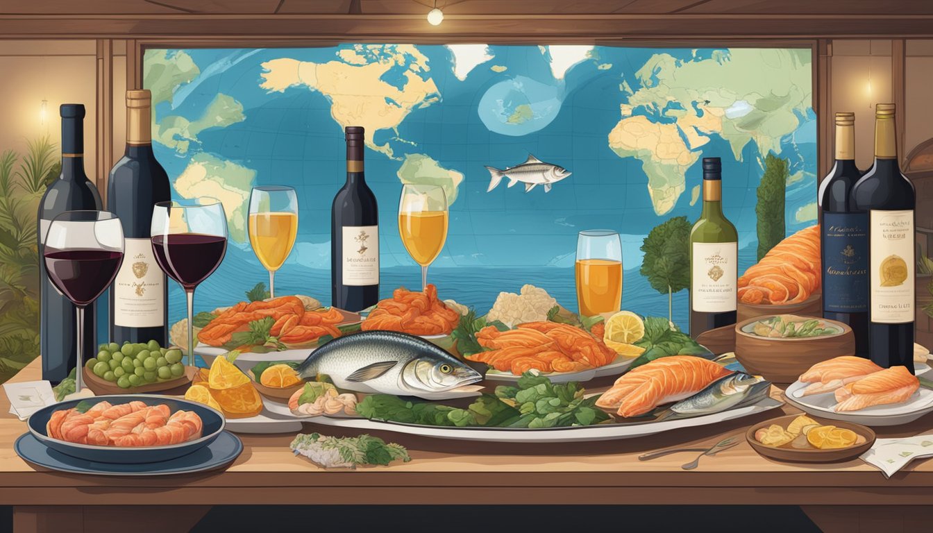 A table set with a variety of raw fish dishes and international wines, surrounded by maps and cultural artifacts from different regions