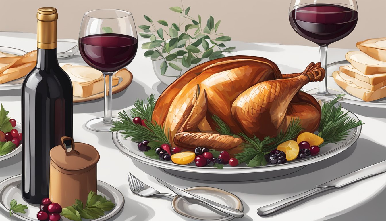 A table set with a roasted turkey, cranberry sauce, and a bottle of red wine