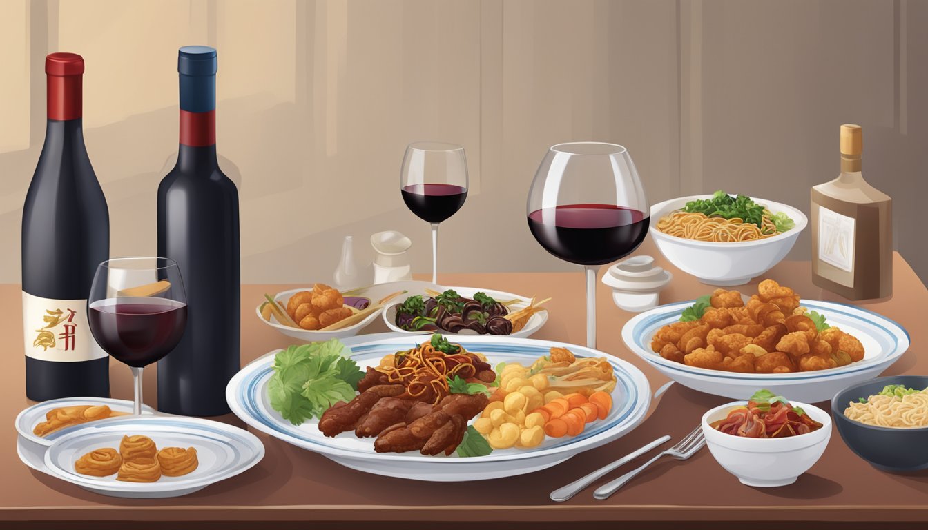 A table set with a spread of Chinese food dishes accompanied by a bottle of red wine and a glass