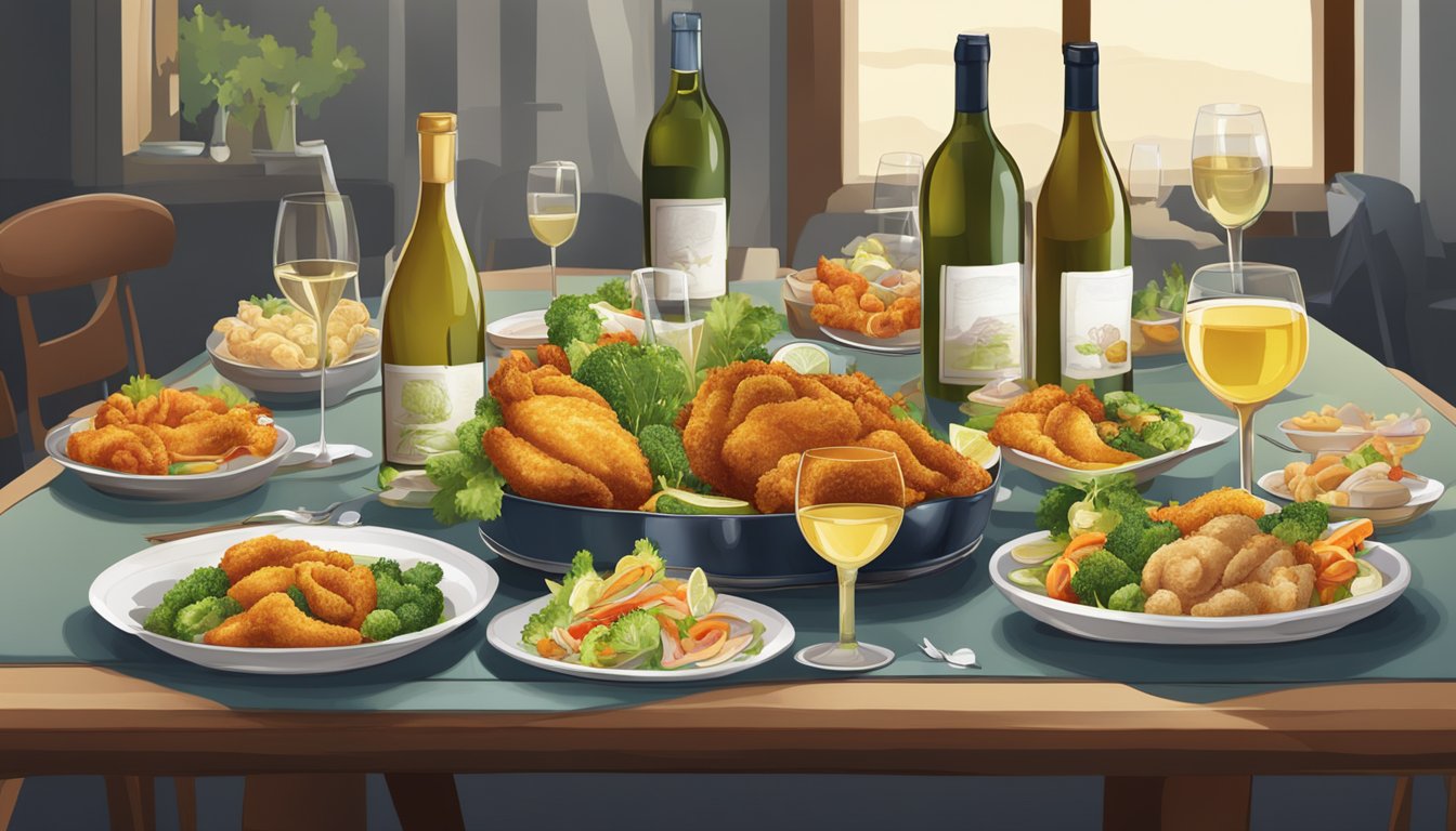 A table set with a variety of fried dishes, including fish, chicken, and vegetables, alongside glasses of different white wines