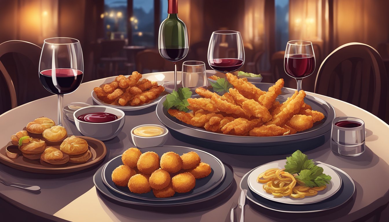 A table set with a variety of fried delicacies, alongside glasses of red wine in a cozy, dimly lit restaurant