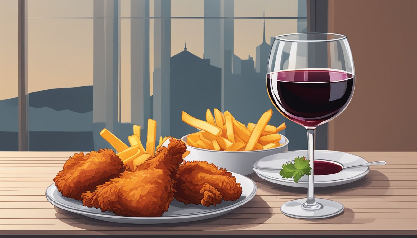 A glass of red wine next to a plate of crispy fried chicken and french fries