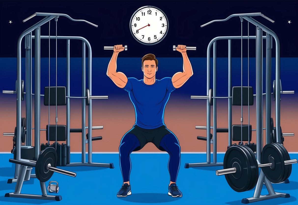 A person exercising in a gym during the night, surrounded by equipment and weights, with a clock showing a late hour in the background