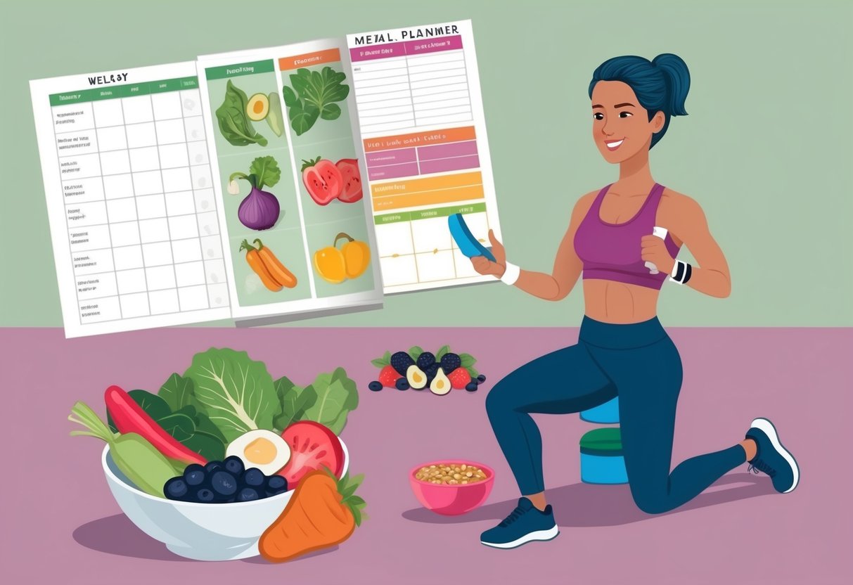 A person exercising with a meal planner and healthy food options nearby