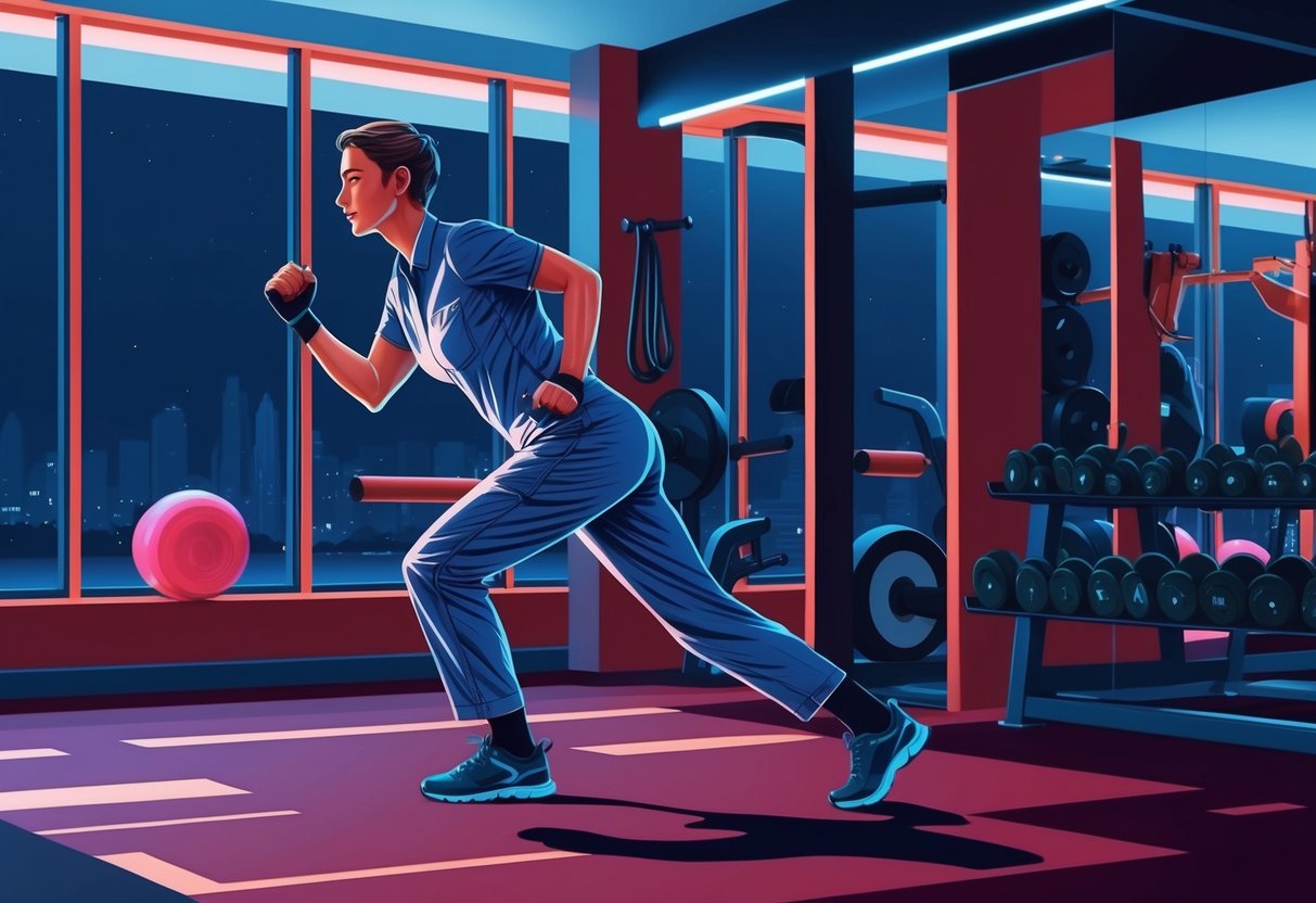 A person in work clothes exercising in a well-lit gym at night