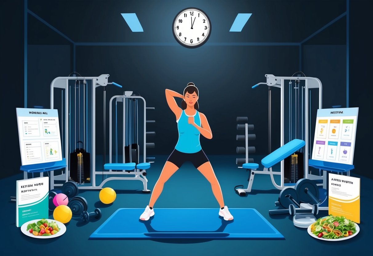 A person exercising in a dimly lit gym with a clock showing late hours, surrounded by fitness equipment and resources such as workout plans and healthy meal options
