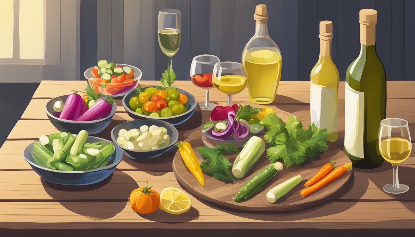 A rustic wooden table with an assortment of colorful pickled vegetables arranged on small plates, accompanied by a bottle of white wine