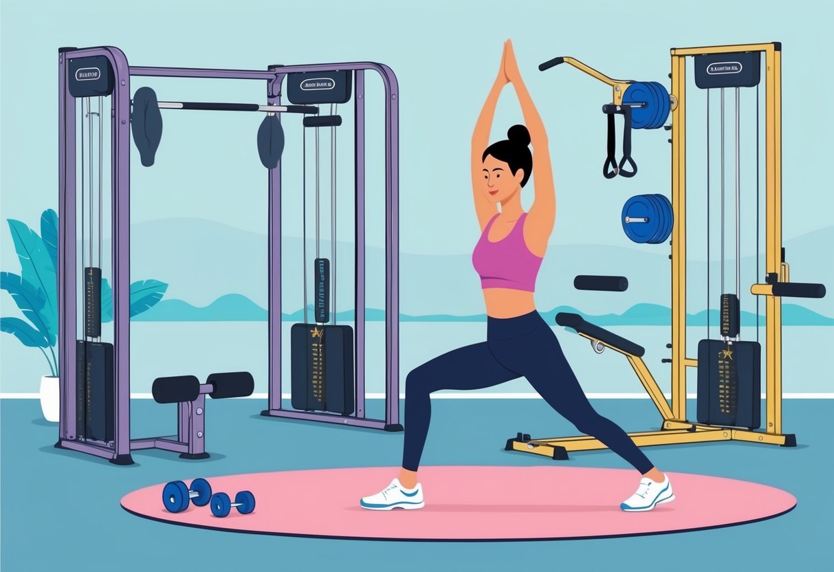 A person exercising in a gym with various equipment, surrounded by a calm and peaceful environment, with emphasis on restorative practices such as yoga or meditation