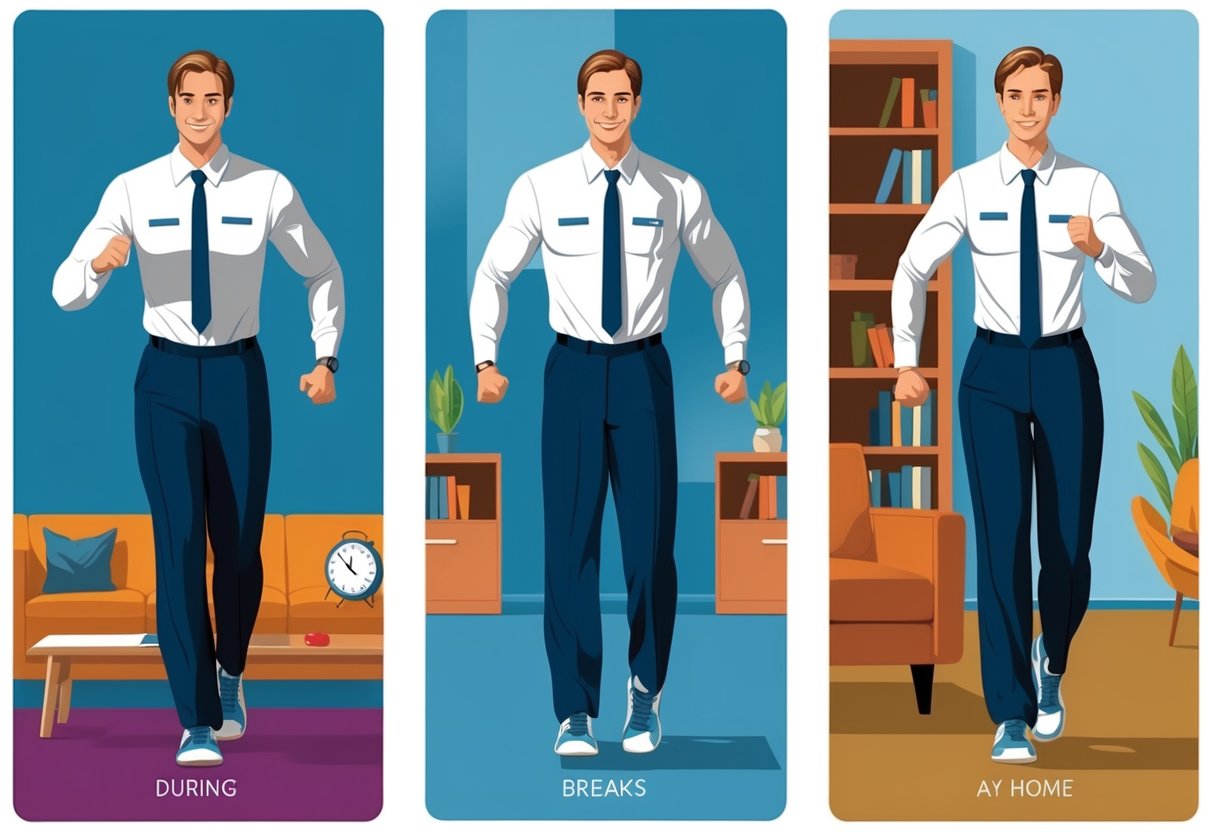 A figure in work attire exercising at various times of day, including during breaks and at home