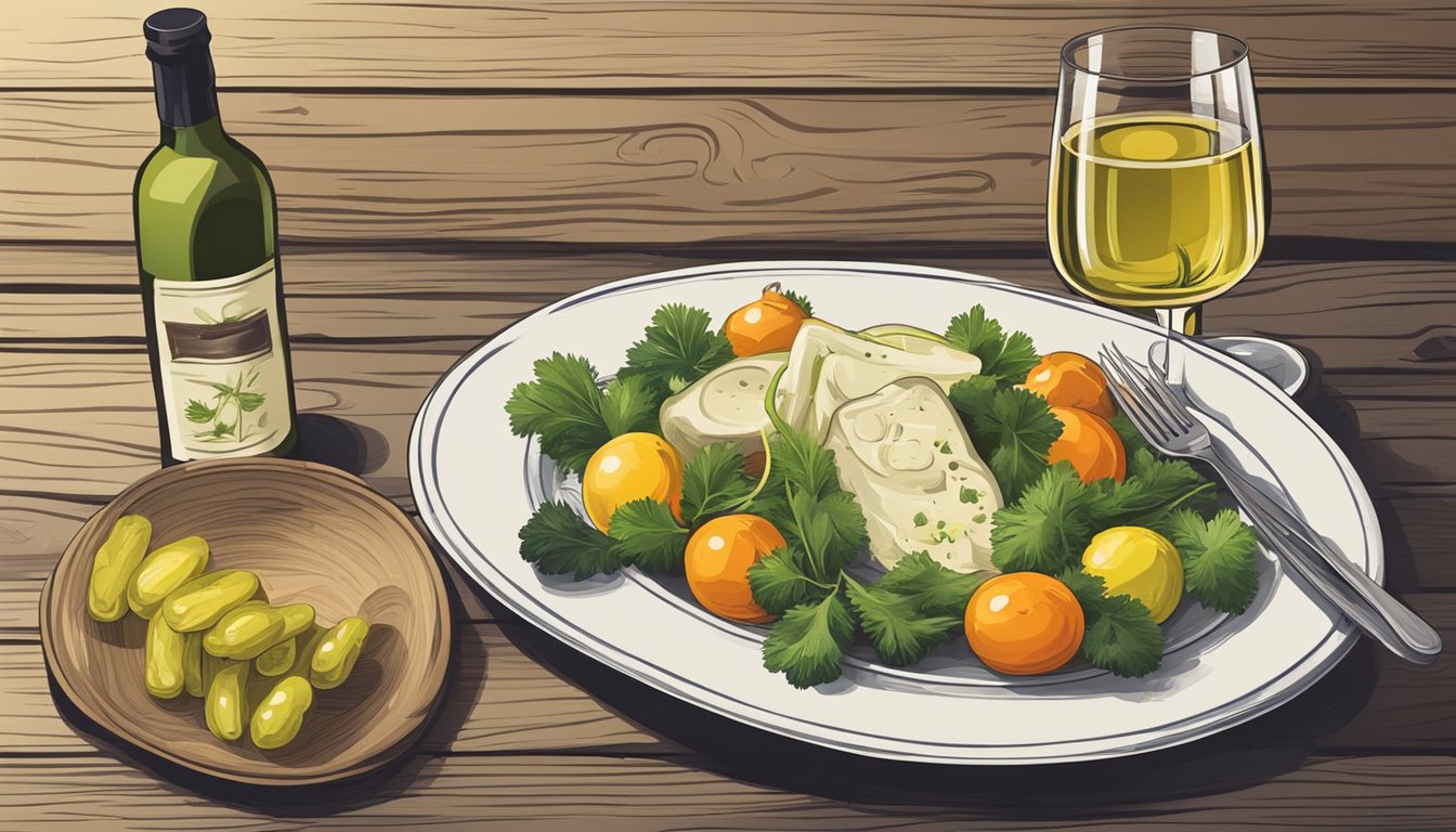 A bottle of white wine beside a plate of assorted pickled vegetables on a rustic wooden table