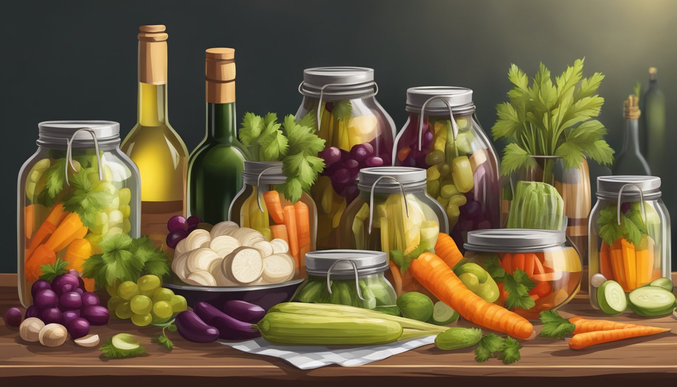 A rustic wooden table with a variety of pickled vegetables in jars, surrounded by bottles of wine from different regions