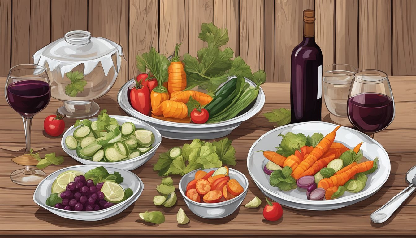 A rustic wooden table set with an assortment of pickled vegetables and a bottle of red wine