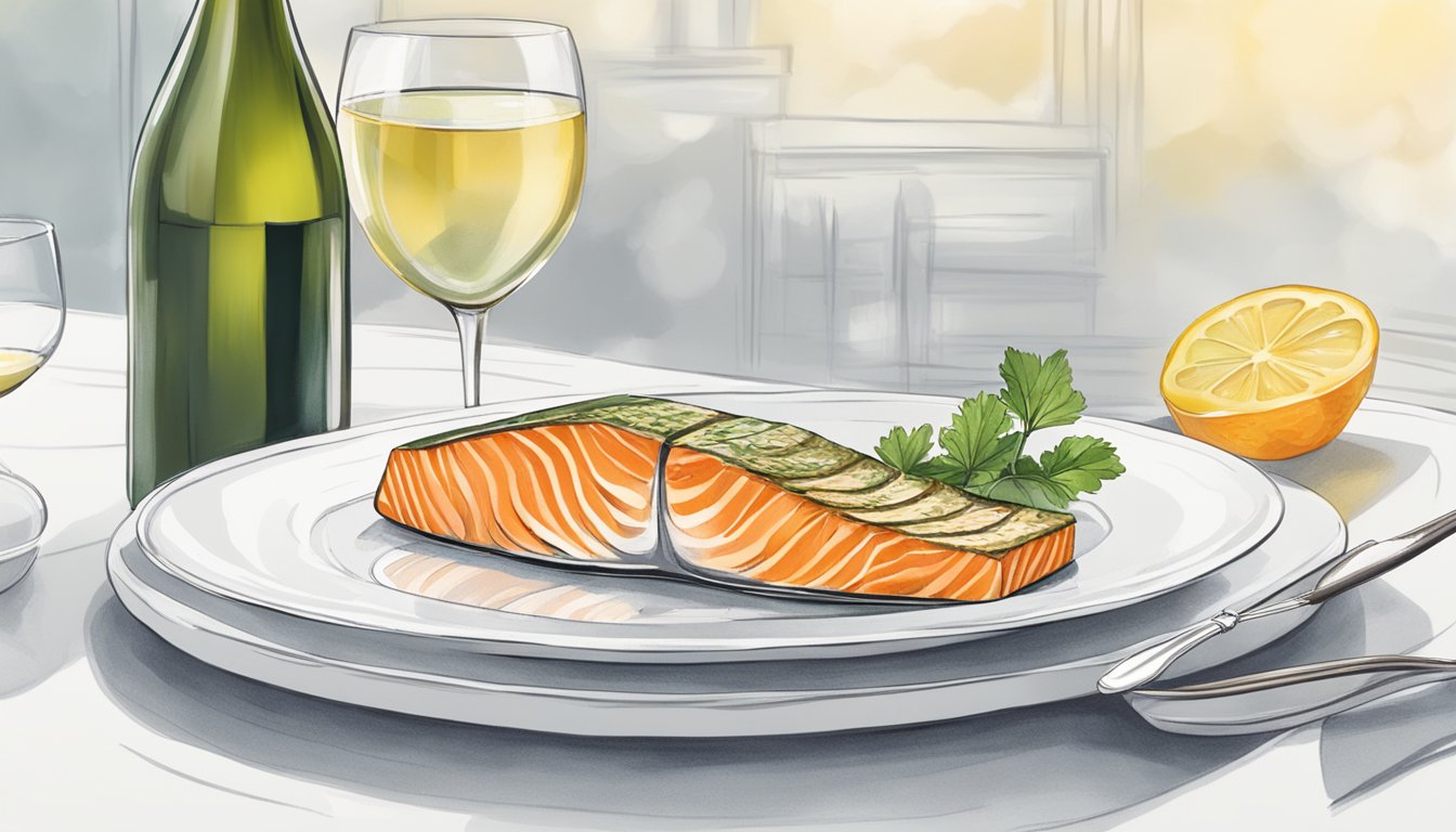 A chilled glass of Chardonnay sits next to a perfectly cooked salmon fillet on a white plate