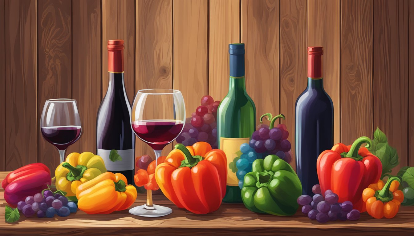 A vibrant red bell pepper sliced open, surrounded by a variety of colorful wine bottles on a rustic wooden table