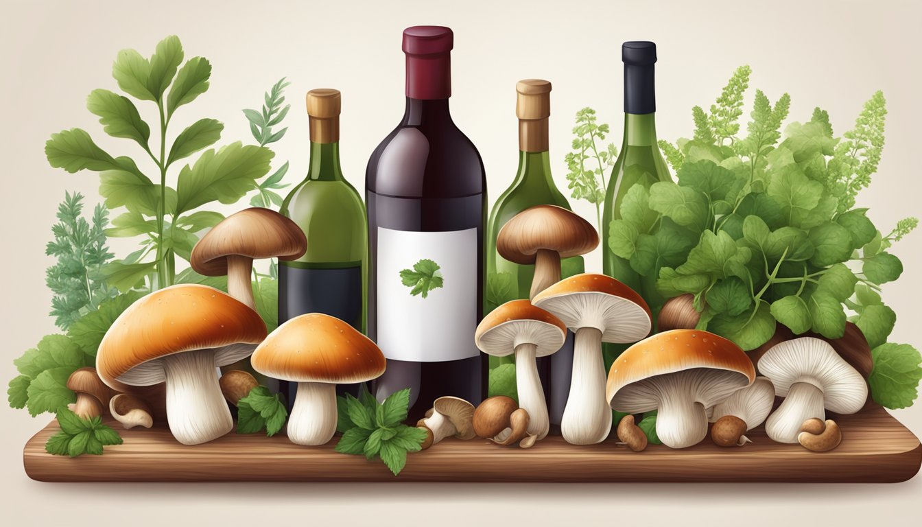 A variety of mushrooms arranged on a wooden cutting board, surrounded by fresh herbs and a bottle of red wine