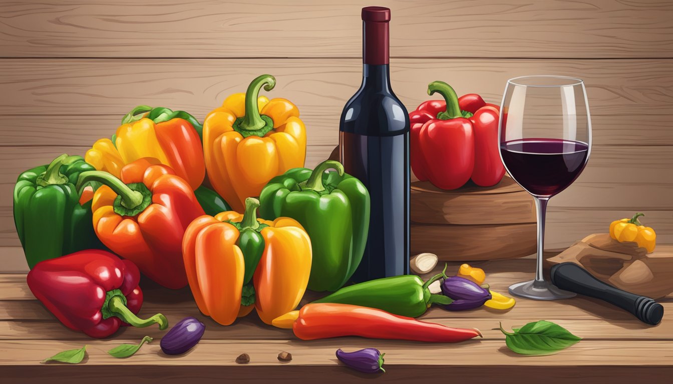 A colorful array of bell peppers next to a bottle of red wine on a rustic wooden table