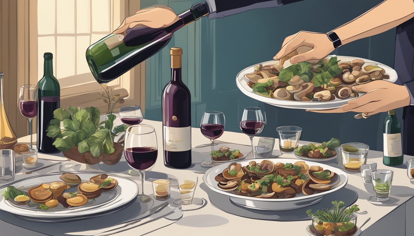 A table set with a variety of mushroom dishes alongside different bottles of wine, with a sommelier pouring a glass for a guest