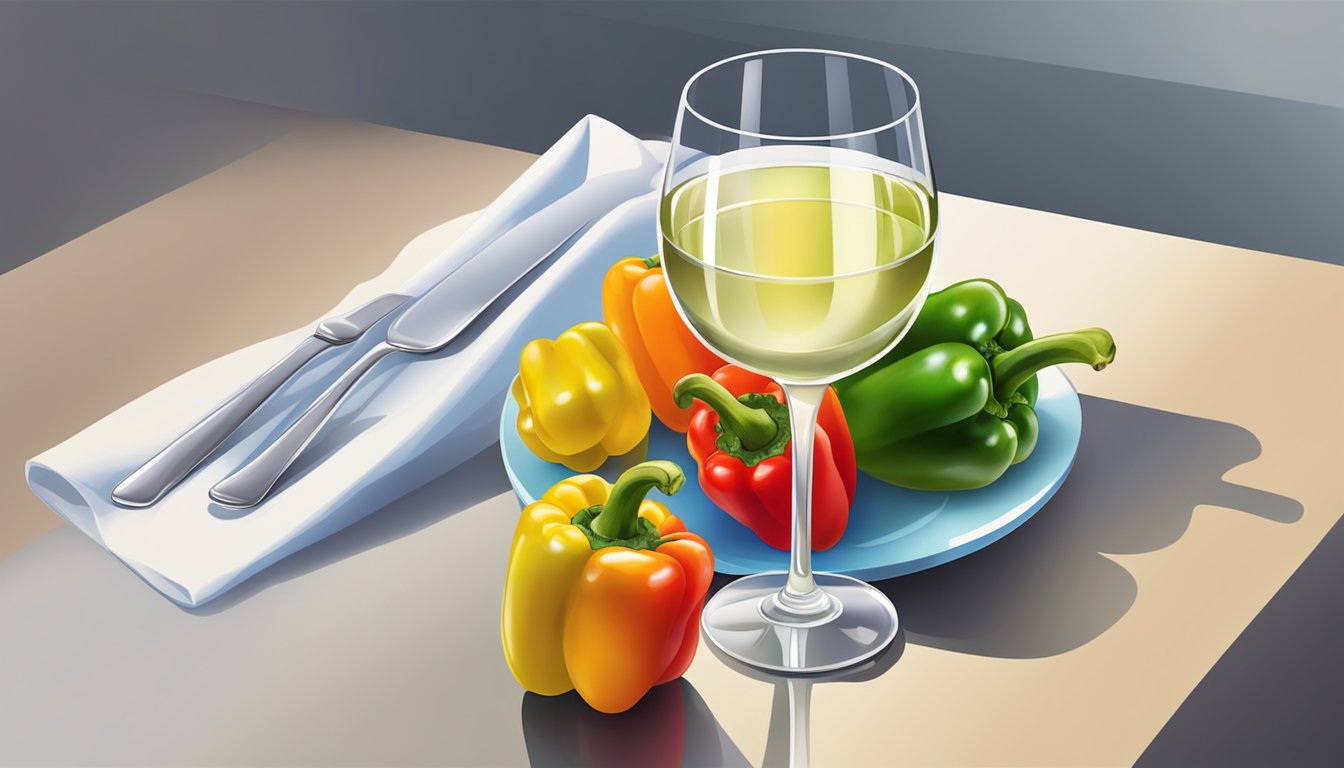 A glass of white wine next to a plate of colorful bell peppers