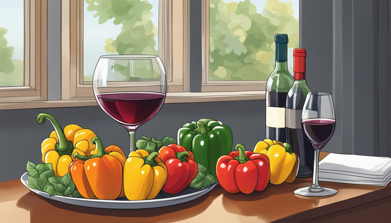 A bottle of red wine next to a colorful array of bell peppers, with a glass ready to be poured