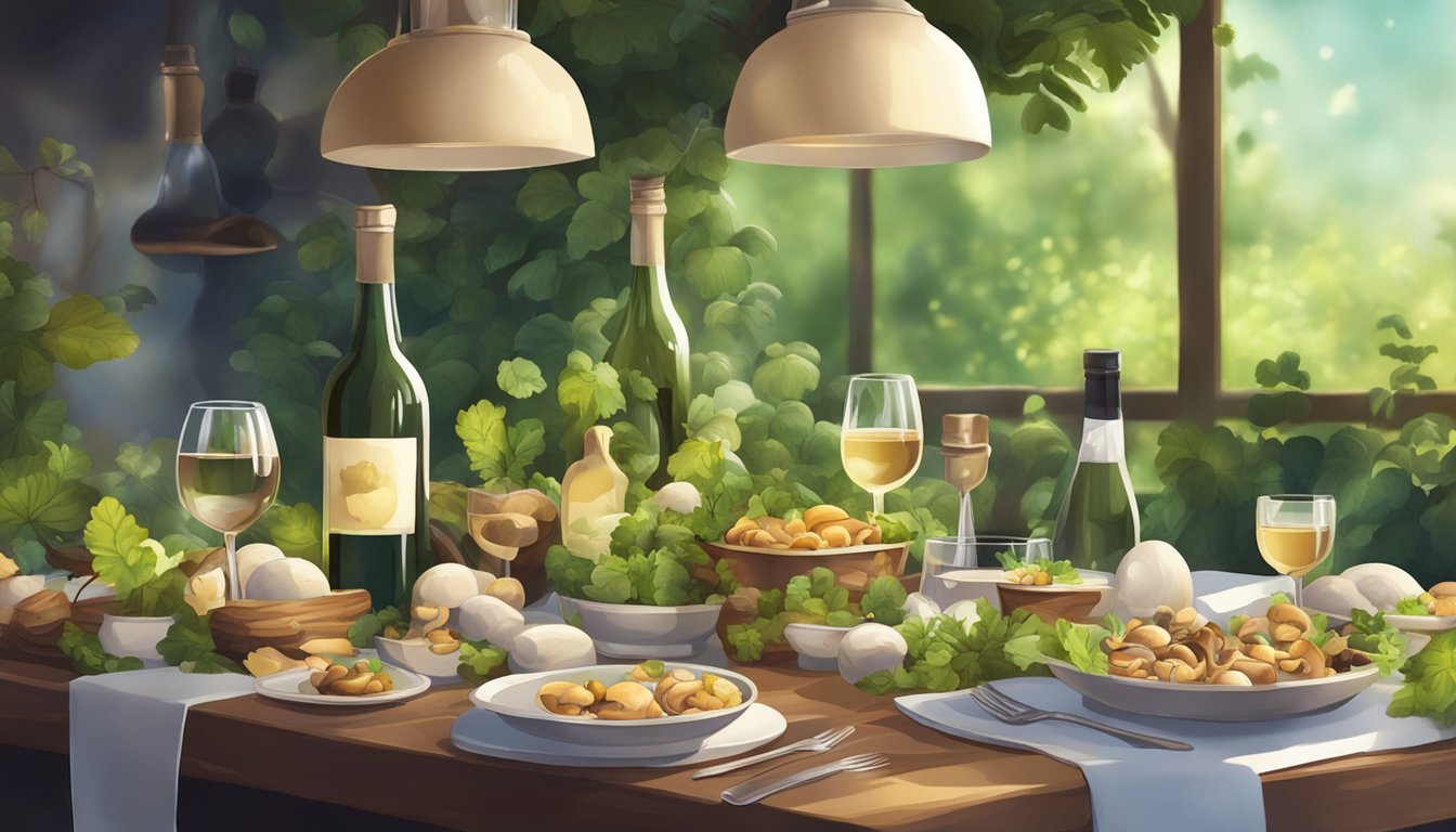 A table set with various mushroom dishes and wine bottles, surrounded by lush greenery and soft lighting