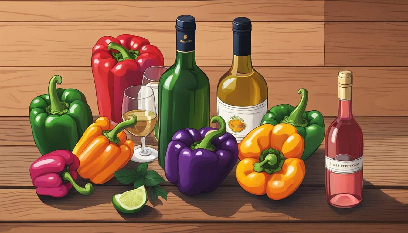 A colorful array of bell peppers, sliced and arranged next to a bottle of rosé and a bottle of lighter wine, all set against a rustic wooden backdrop