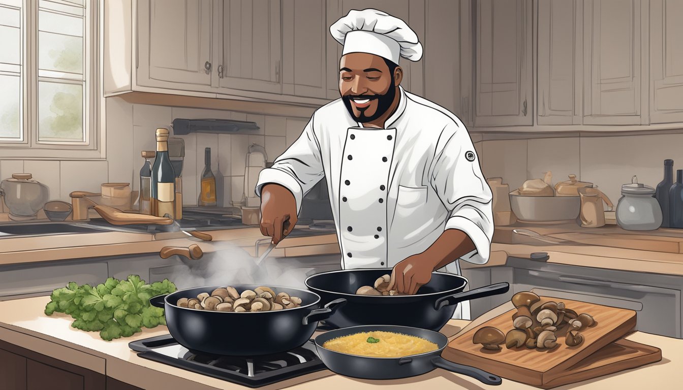 A chef sautéing mushrooms in a skillet while a bottle of red wine sits nearby