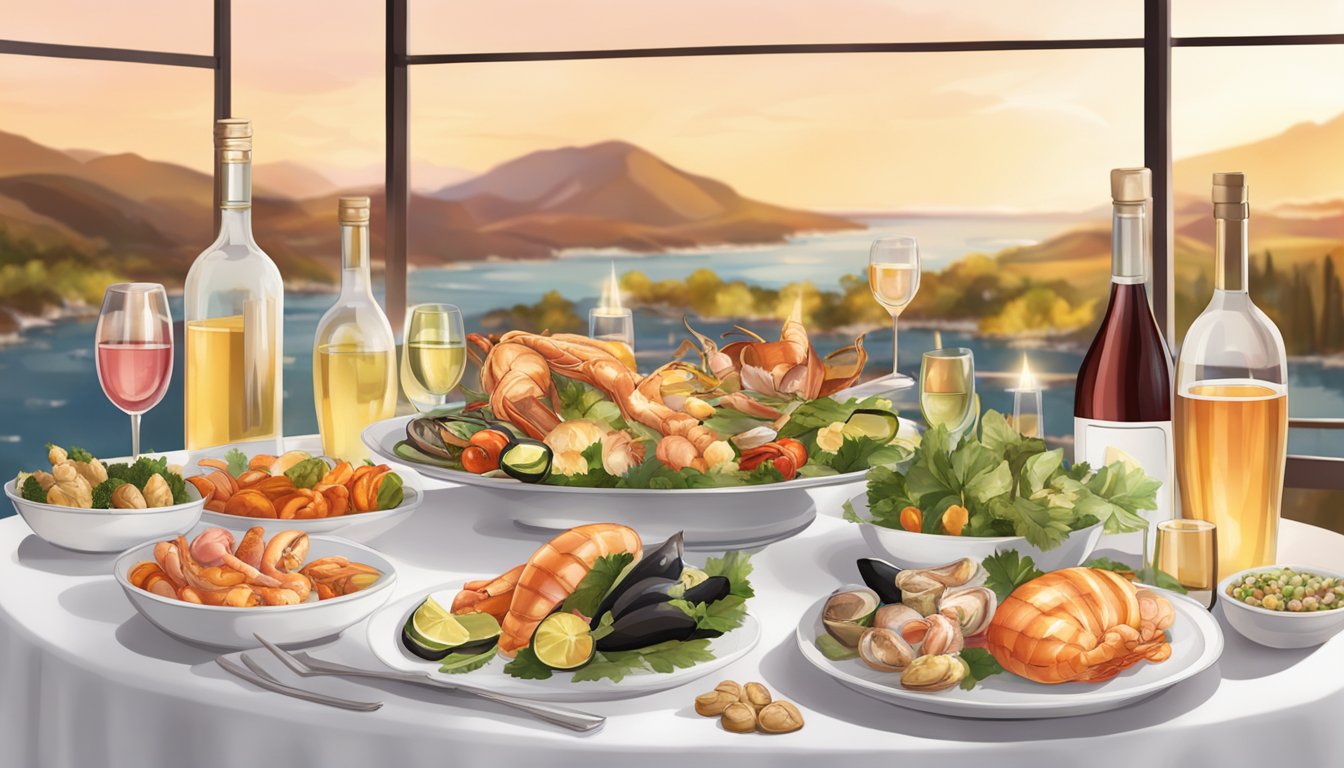 A table set with a variety of white and rosé wines alongside a spread of light, smoky foods such as grilled vegetables and seafood