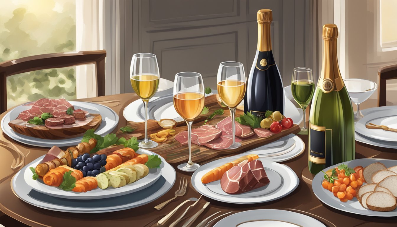 A table set with an array of sparkling wines and smoky food pairings, such as charcuterie and grilled vegetables, arranged in an elegant setting